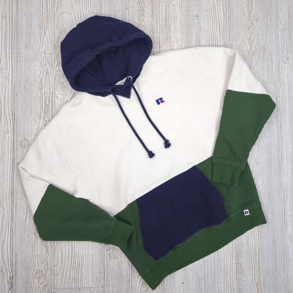 VTG Y2K Russell Athletic Men's M Colorblock White Green Pullover Hoodie Lounge - Picture 1 of 9
